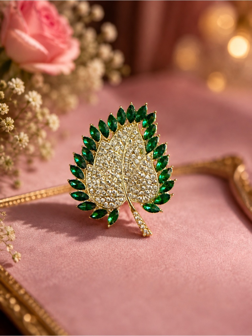Gold and Emerald Leaf Crystal Brooch